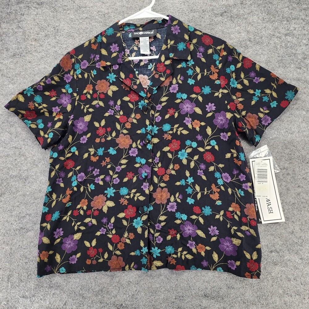 Sag Harbor Blouse Womens Medium Button Front Short Sleeve Black Floral